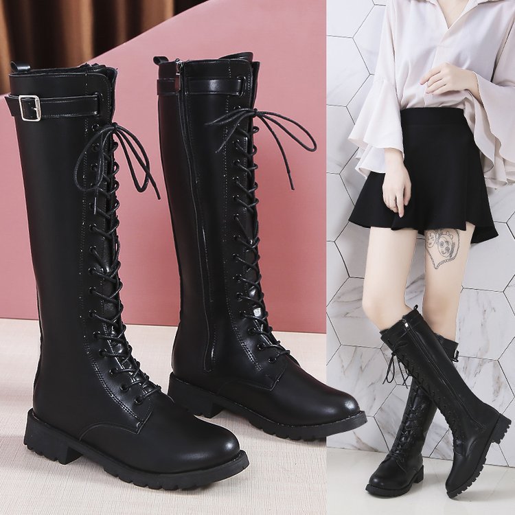 Women's Lace-Up High Boots - Mid Heel Combat Boots with Buckles & Straps
