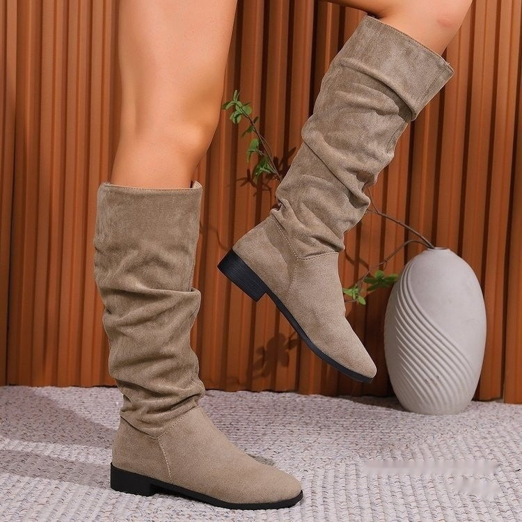 Women's Plus Size Suede Chunky Heel Slip-On Boots | Round Toe High Shaft