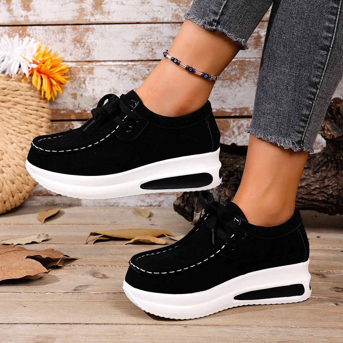 Women's Platform Loafers - Lace-Up Wedge Heel Casual Shoes