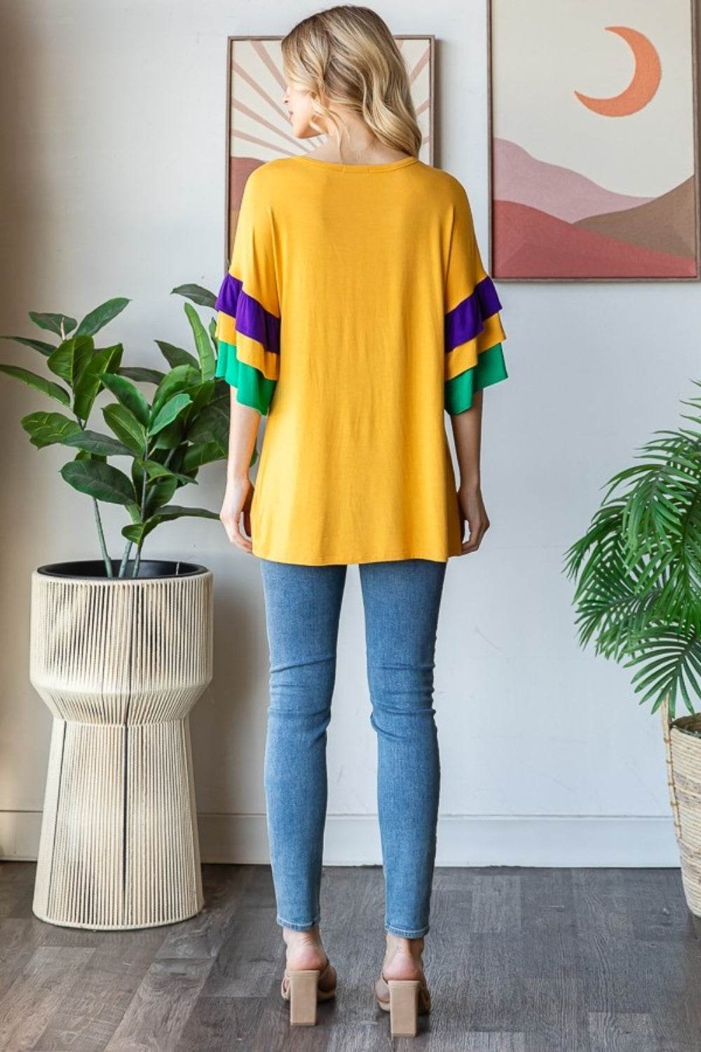 Heimish Full Size Round Neck Color Block Ruffled Half Sleeve Top Plus Size