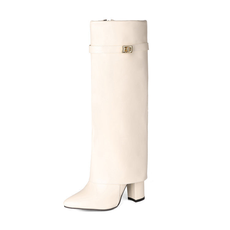Women's Pointed-Toe High-Shaft Mid-Calf Boots with Metal Buckles | Chunky Heel Side Zipper