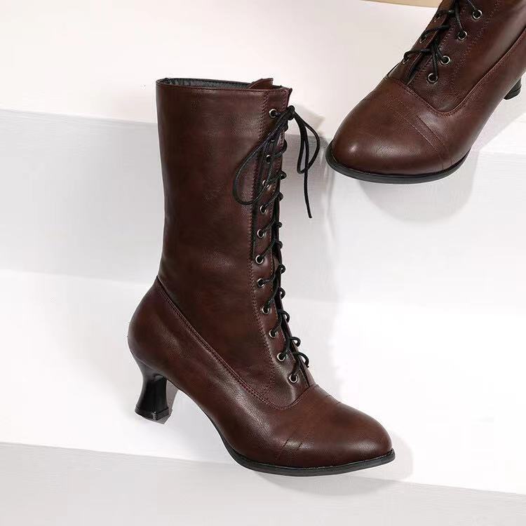 Women's Lace-Up Mid-Calf Boots - Stylish Low Heel Boots with Round Toe