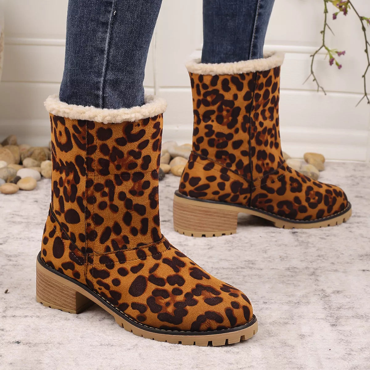 Women's Leopard Print Plush Lined Boots | Mid Heel Slip-On Suede Boots with Warm Faux Fur Lining