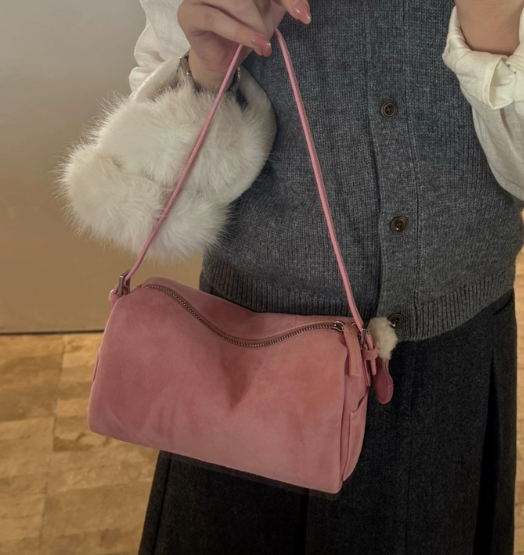 Women's Suede Barrel Tote & Shoulder Bag – Zippered Minimalist Handbag