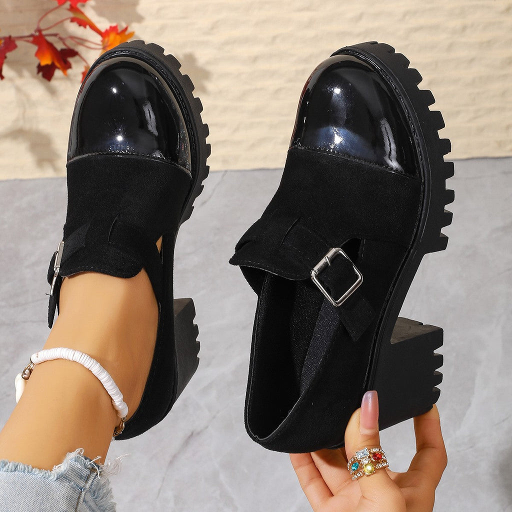 Women's British-Style Chunky Heel Pumps - Round Toe Buckle Closure Casual Shoes