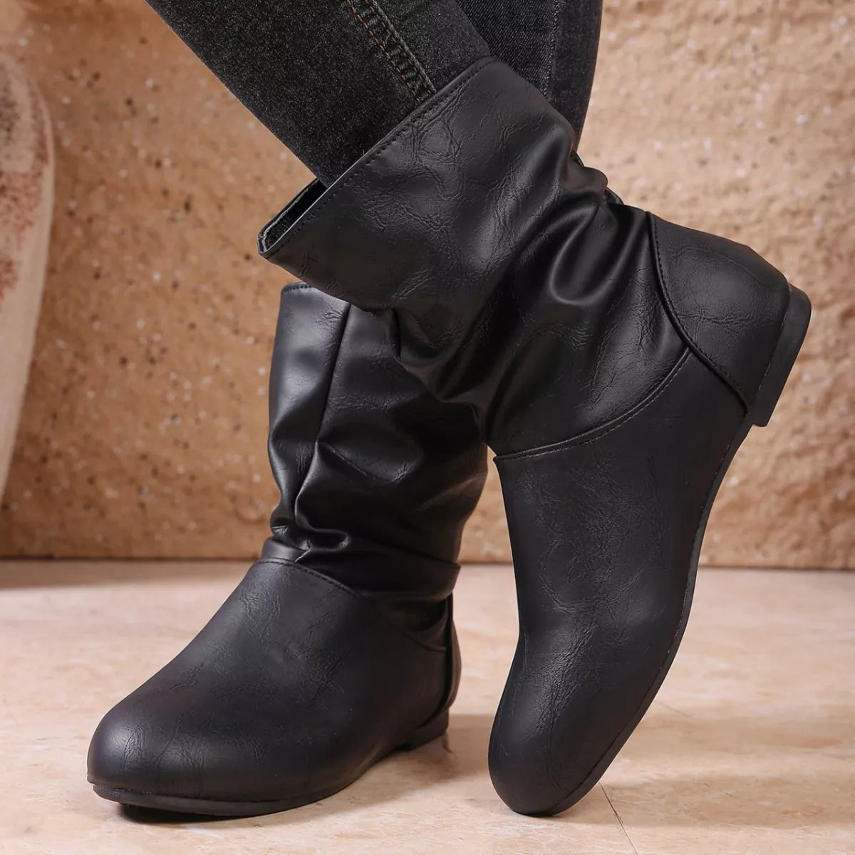Women's Flat Ankle Boots – Wrinkled PU Leather Side Zipper | Black & Brown