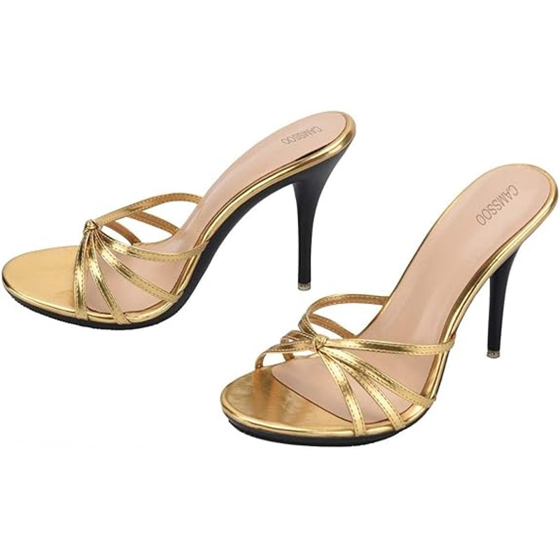 Camssoo Womens Size 8 Gold 4.5" Heels PU Leather Slip On Open Round Toe Shoes