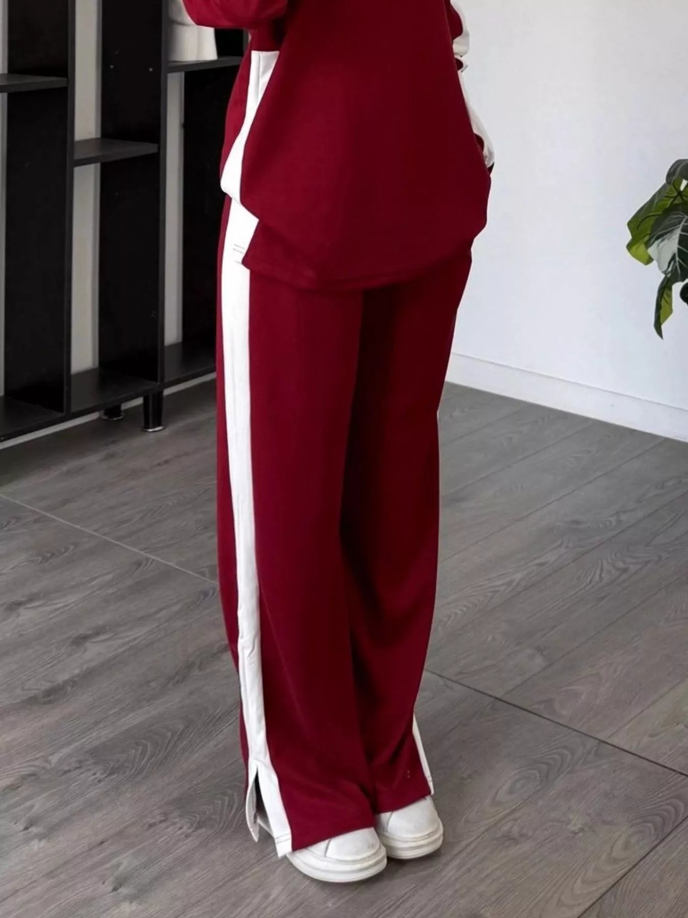Full Size Contrast Round Neck Top and Pants Set Plus Size