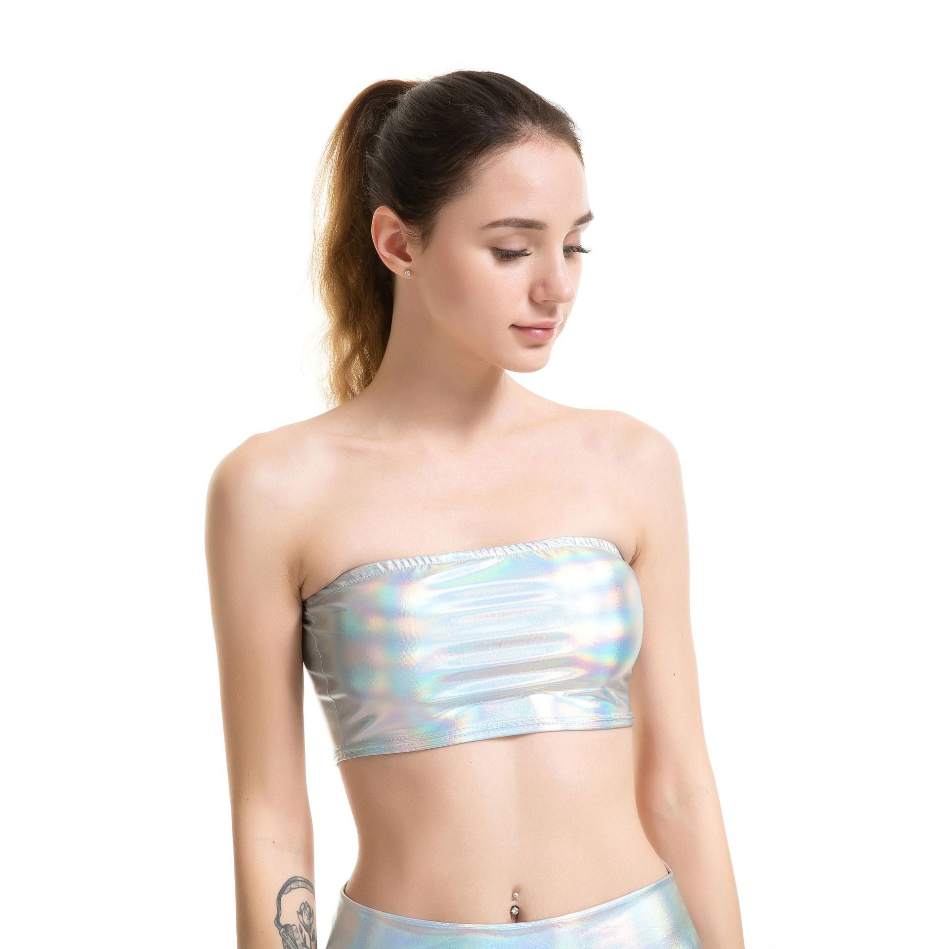 Women Clothes Nightclub Stage Wear Chest-Wrapped Patent Leather Solid Color Tube-Top Bottoming Shirt Performance Wear