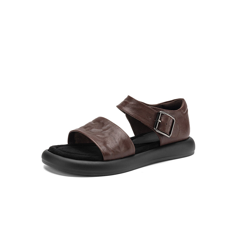 Women's Washed Leather Platform Sandals | Two-Strap Buckle Open-Toe Flats