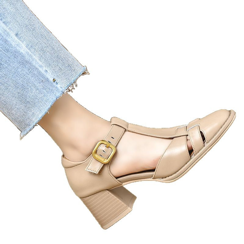 Women's Chunky Heel Peep-Toe Sandals | Hollow-Out Buckle Strap | PU Upper | Sizes 34–40