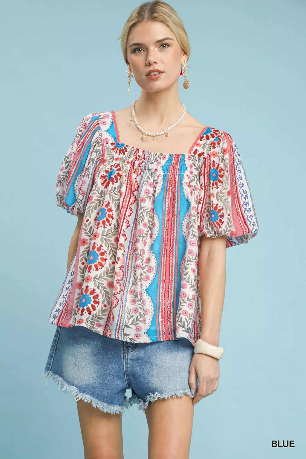 Umgee Patchwork Puff Sleeve Smocked Blouse