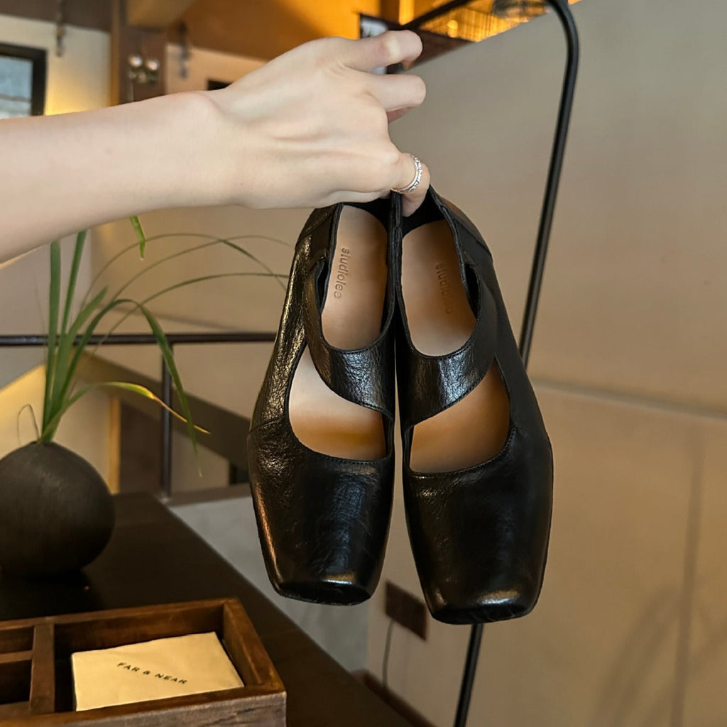 Women's Vintage Square-Toe Ballet Flats | Chunky Heel & Flat Sole Slip-On Shoes