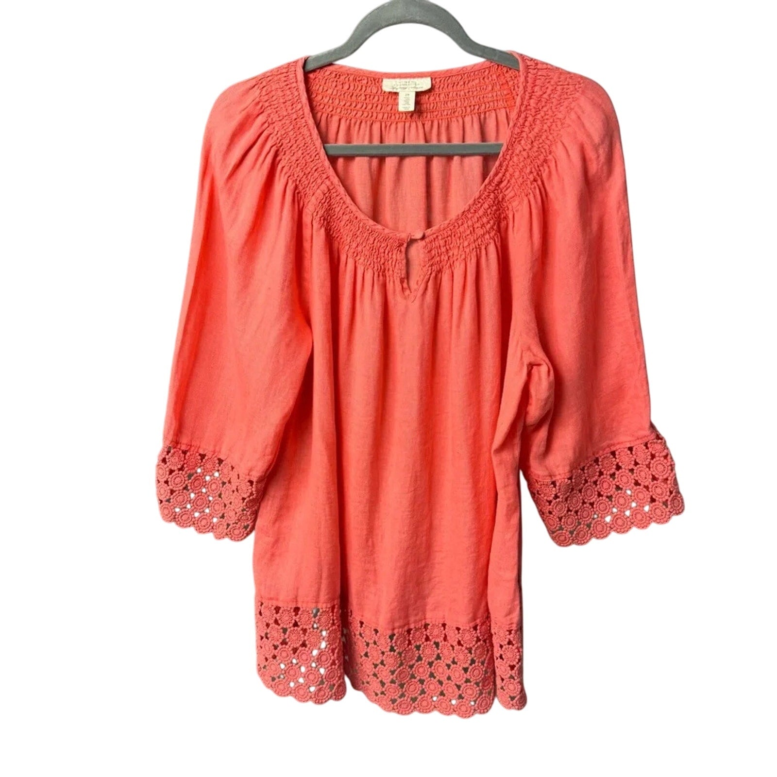 Charter Club Womens 2X Pink Linen Long Sleeve Crew Neck Floral Lace Trim Top