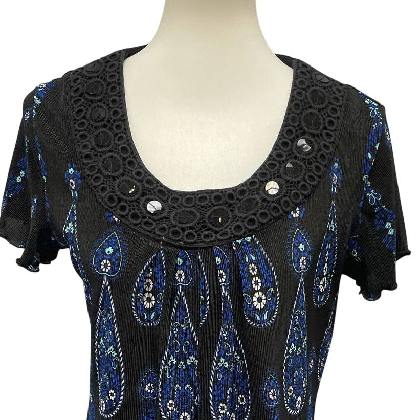 Elementz Womens Large Stretch Pleated Polyester Sequin Lace Short Sleeve Blouse