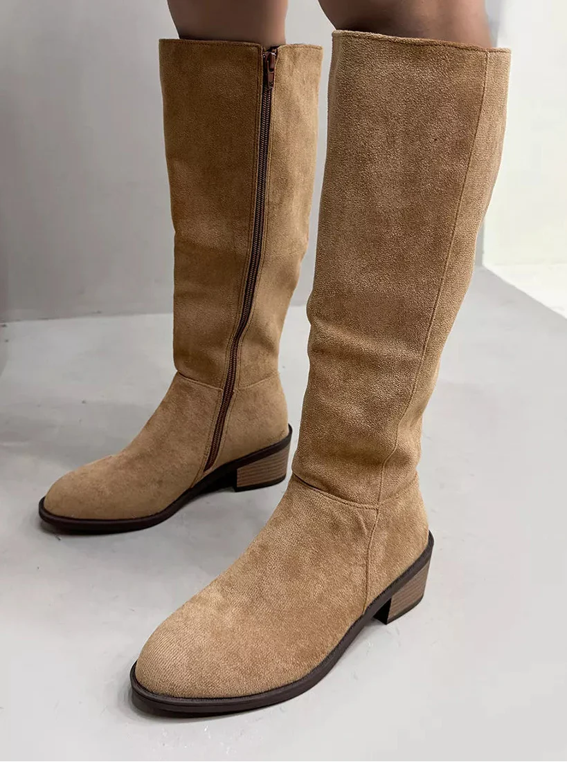 Women's Suede Knee-High Boots | Side Zipper Mid-Heel | Knee High Boots for Women