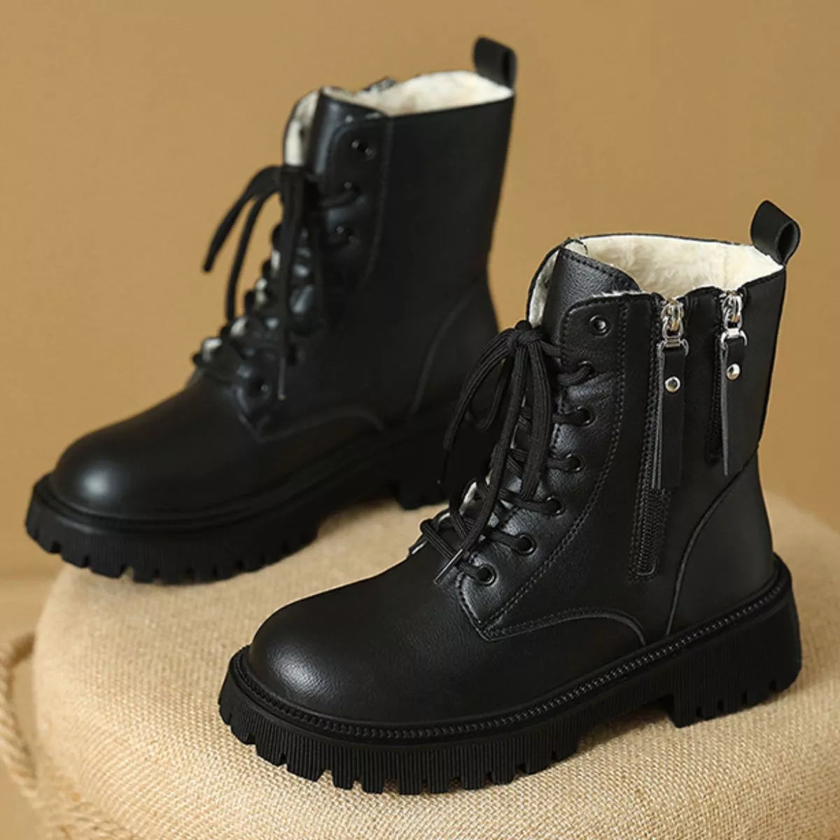 Women's Lace-Up Ankle Combat Boots – Mid Heel PU Leather