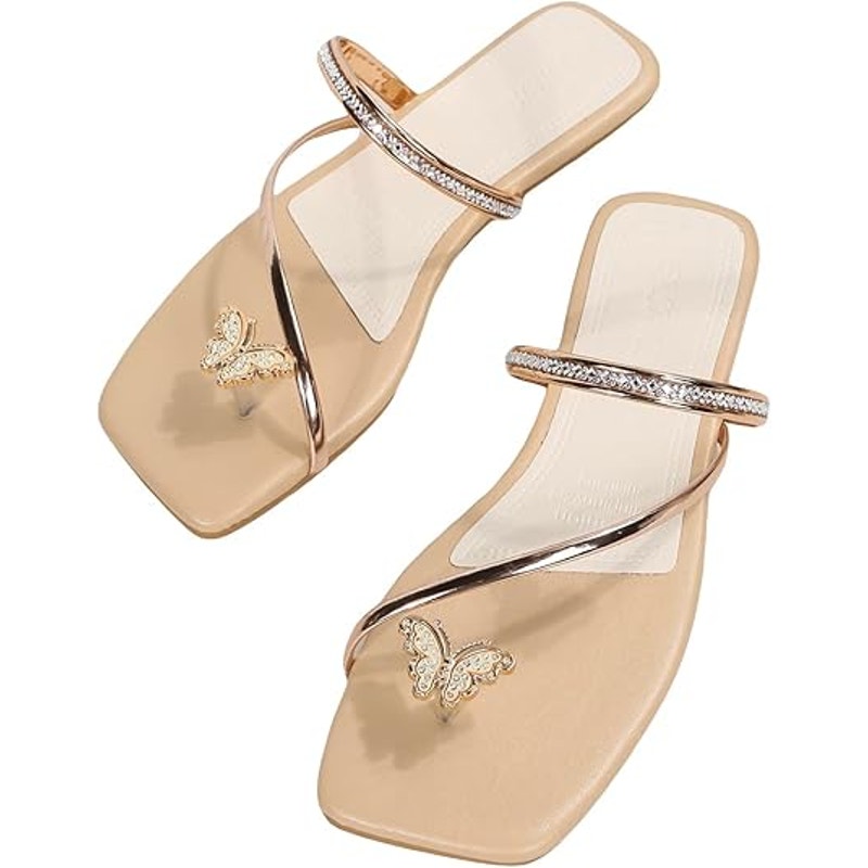 Gorglitter Womens 8.5 Butterfly Toe Strap Rhinestone Slide On Flip Flop Sandals