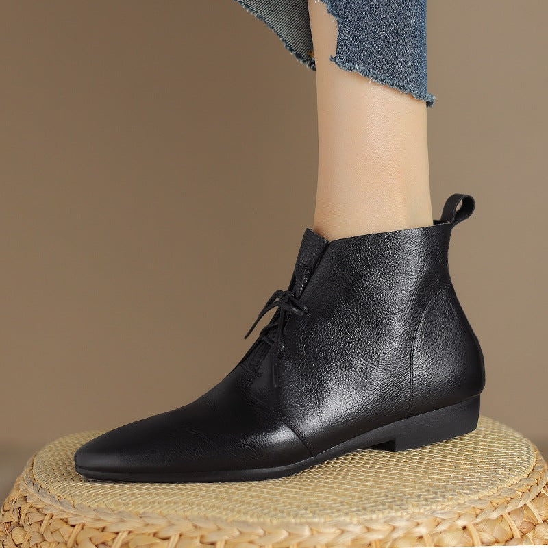 Women's Vintage Round Toe Ankle Boots - Genuine Leather Slip-On Chunky Heel Winter Boots