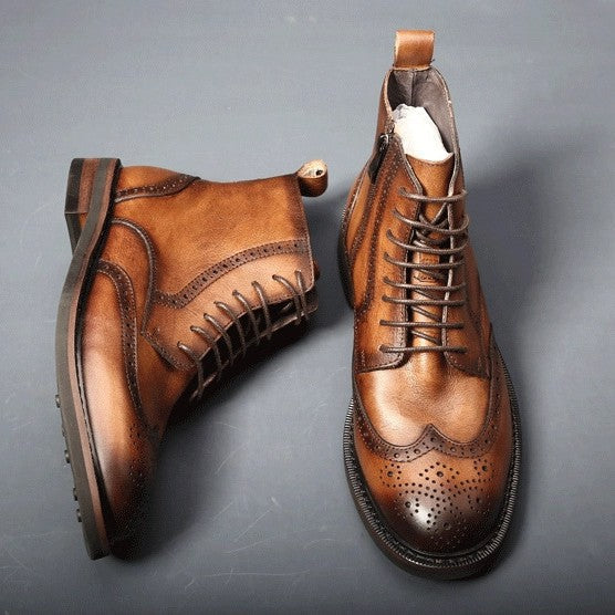 Men's Thick-Soled Leather Boots | Chunky Heel Mid-Calf Lace-Up Boots for Men