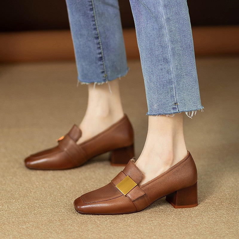 Women's Retro Square Toe Chunky Heel Pumps | PU Leather Block Heel Shoes