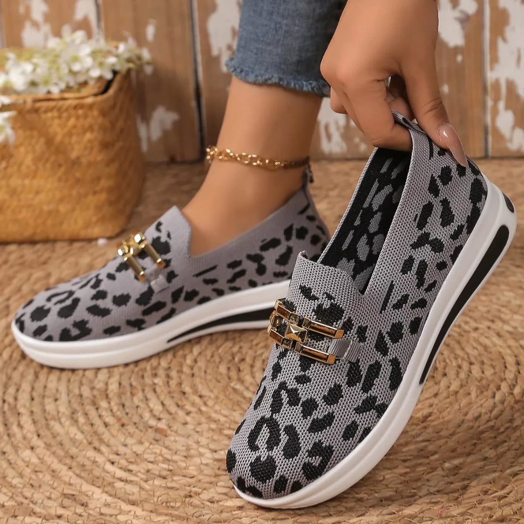 Women's Leopard Print Round Toe Slip-On Flats | Breathable Mesh Casual Shoes