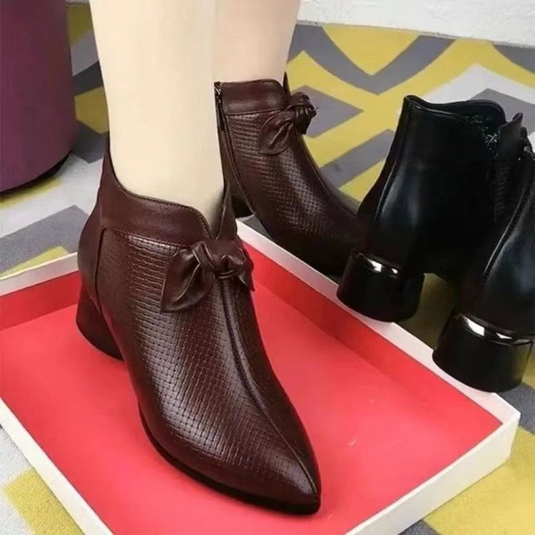 Women's Pointed Toe Chunky Heel Ankle Boots with Side Zipper & Bow Detail