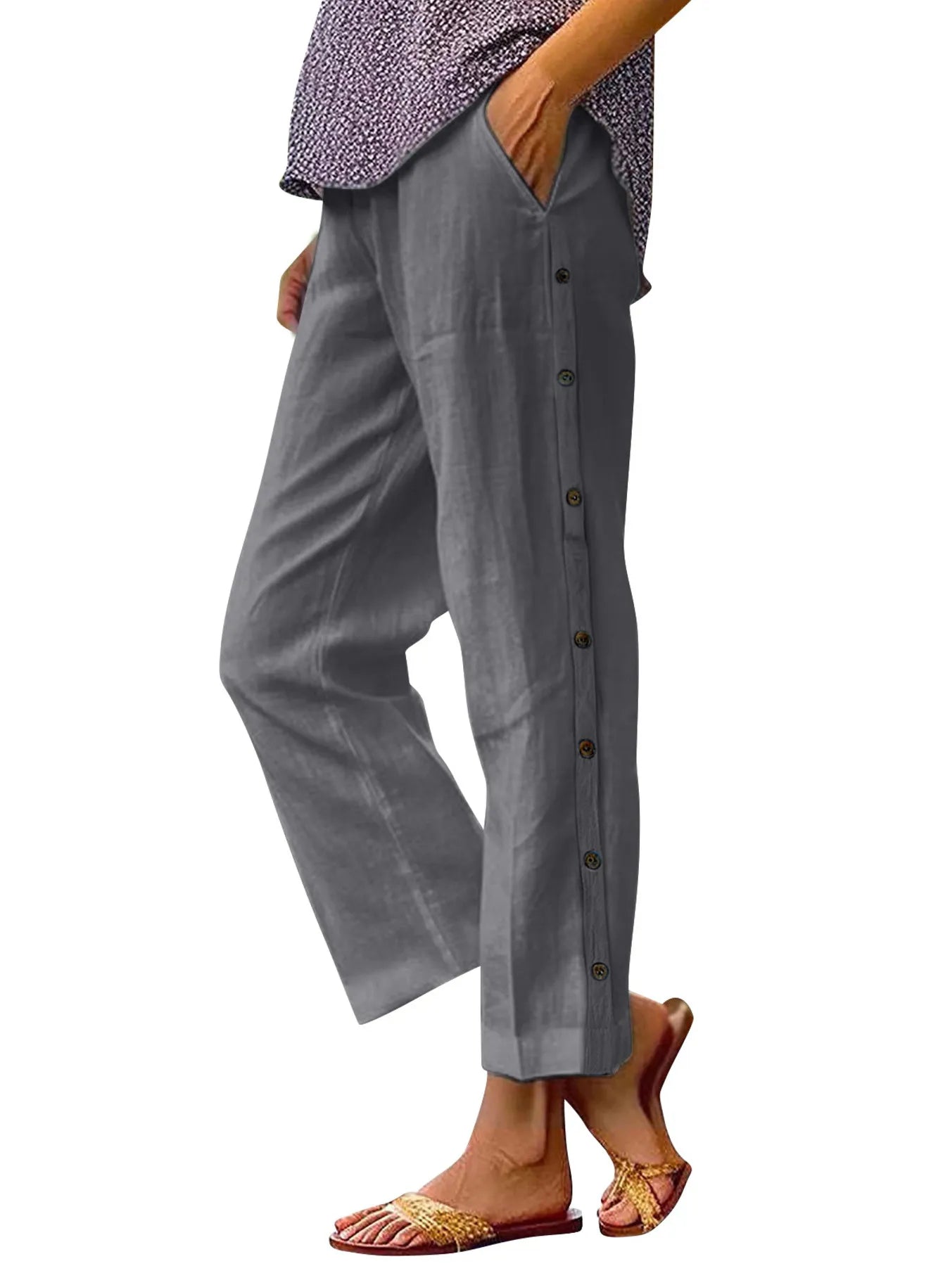 Full Size Side Decor Button Casual Wide Leg Pants Plus Size