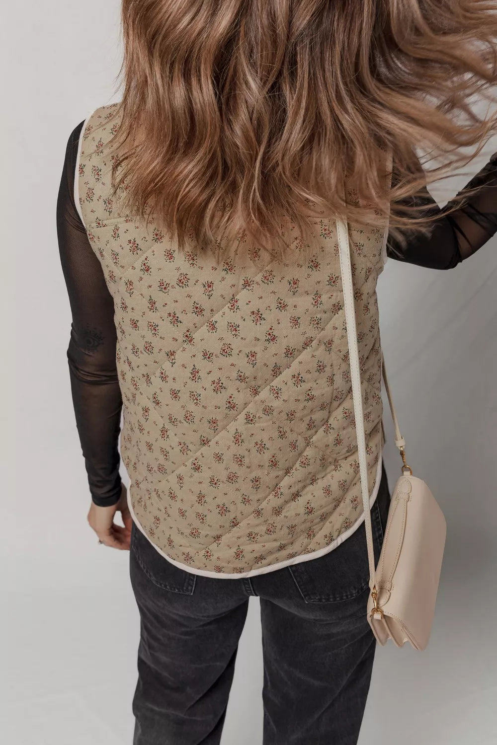 Floral Print Quilted Concealed Button Vest