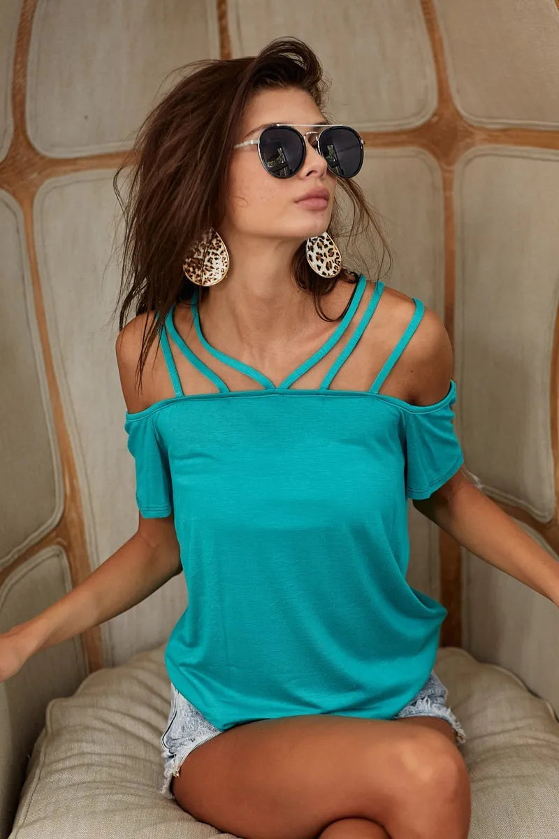 BiBi Rayon Span Jersey Lace Up Shoulder Detailed Top