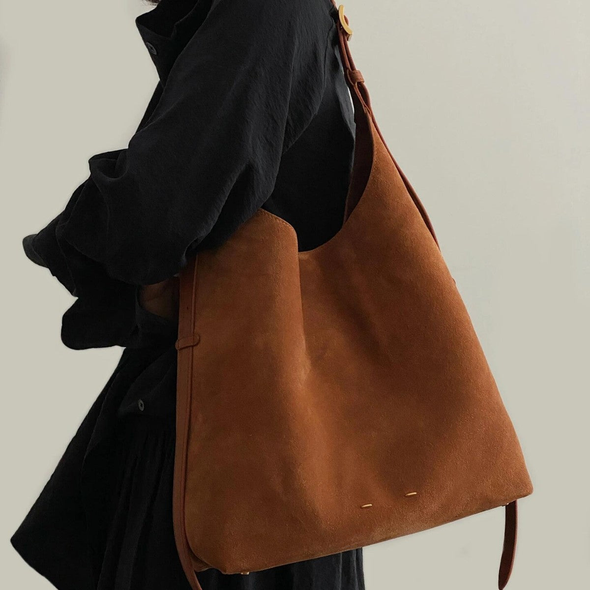 Women's Suede Bucket Shoulder Bag – Genuine Leather Drop-Ear Handbag with Patchwork Detail