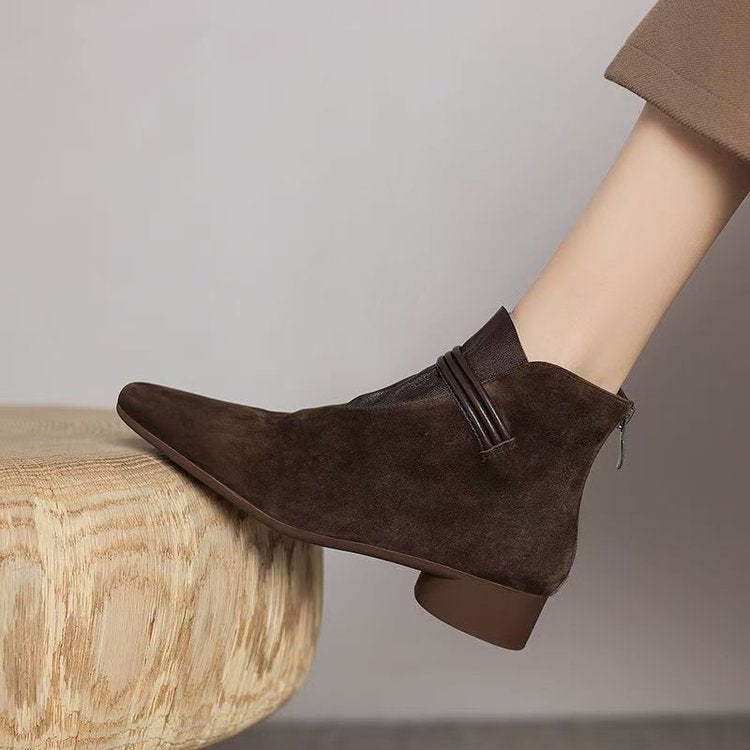 Women's Retro Suede Chunky Heel Ankle Boots – Pointed Toe Slip-On