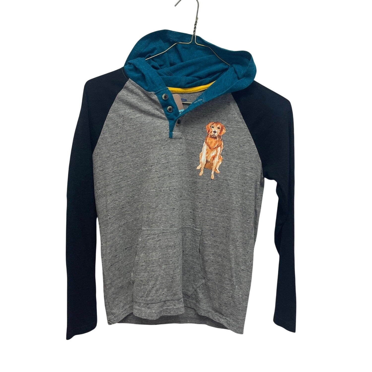 Hand Printed Upcycled Kids XL Golden Retriever Dog 1/4 Zip Lightweight Hoodie
