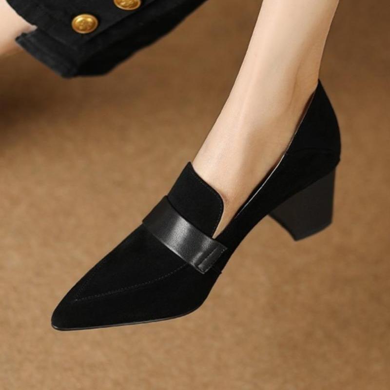 Women's Pointed-Toe Chunky Heel Loafers | Suede Slip-On Work Heels