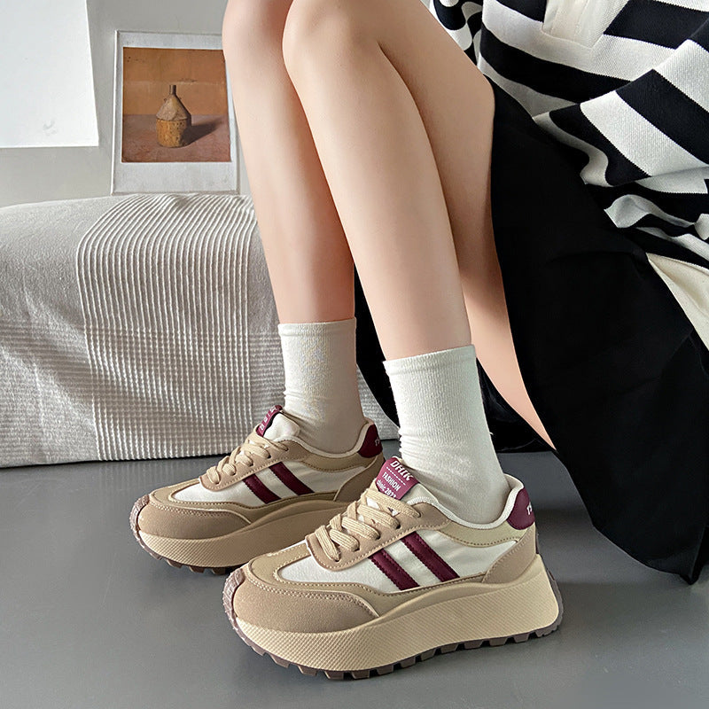 Women's Height-Boosting Lace-Up Sneakers – Synthetic PU Upper, Mesh Lining, Round Toe