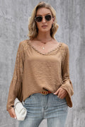Ivy Lane V-Neck Spliced Lace Flare Sleeve Top