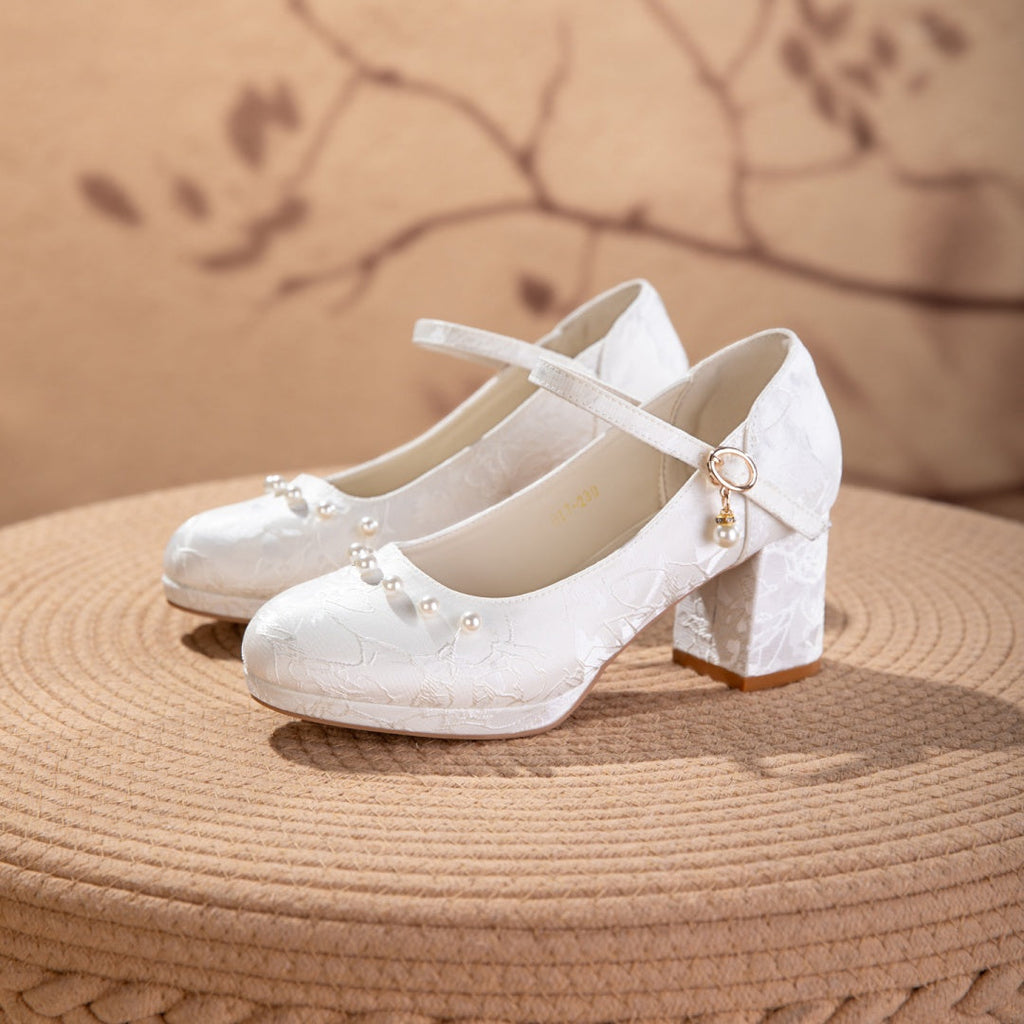 Women's Jacquard Mary Jane Platform Heels | Pearl Bow Waterproof Wedding Shoes