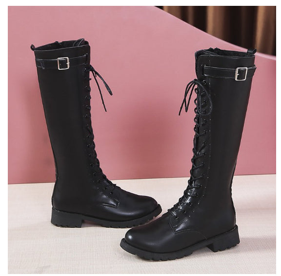 Women's Lace-Up High Boots - Mid Heel Combat Boots with Buckles & Straps