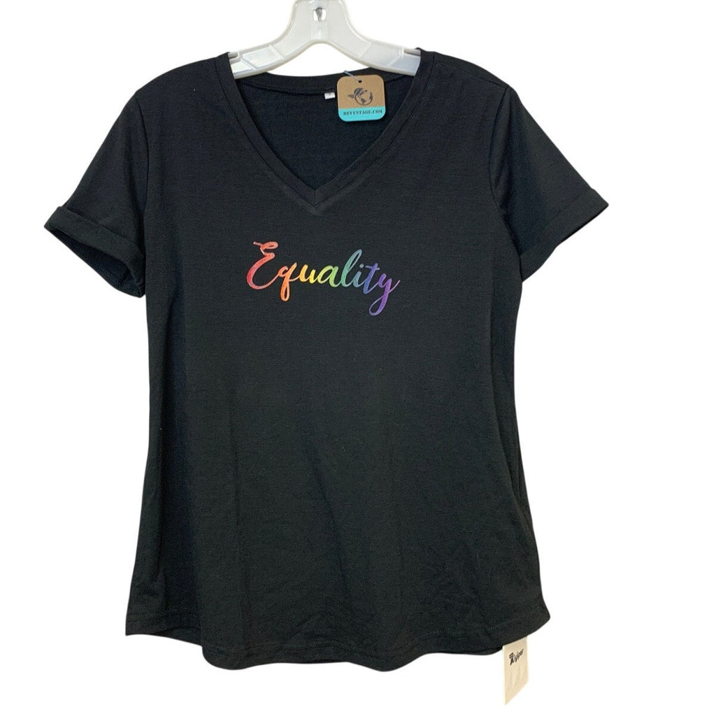 New Hand Printed Womens Small Black Equality Rainbow Pride VNeck Tee Shirt