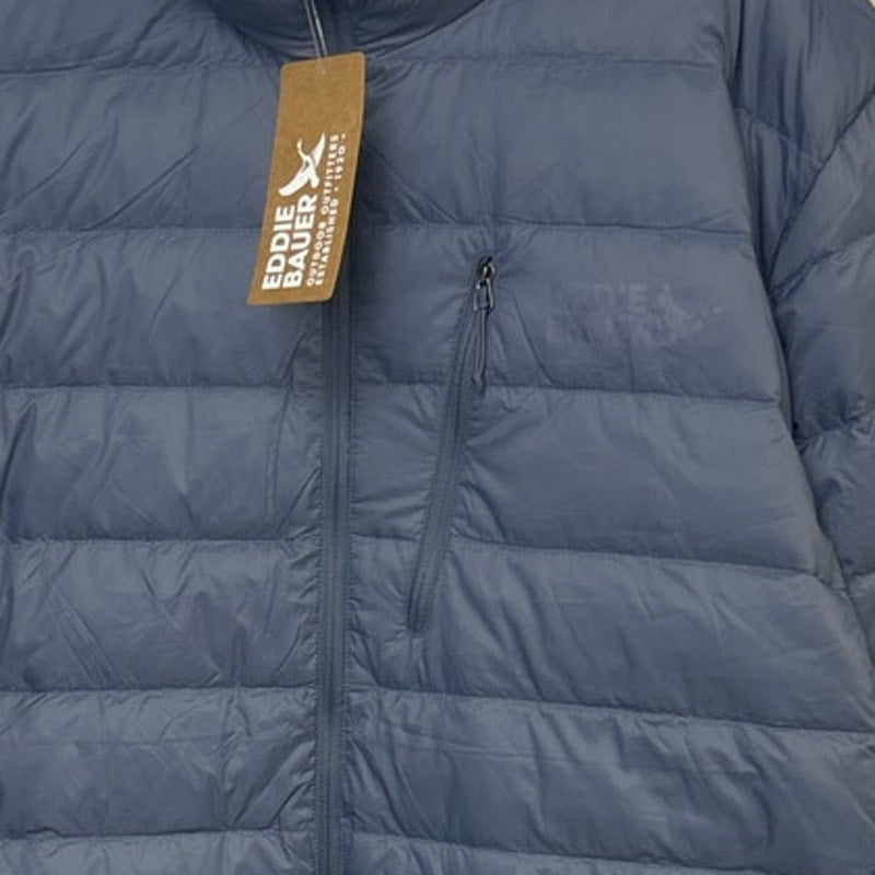 New Eddie Bauer Mens XL Blue Hooded Zip Up Soft Packable 550 Down Puffer Jacket
