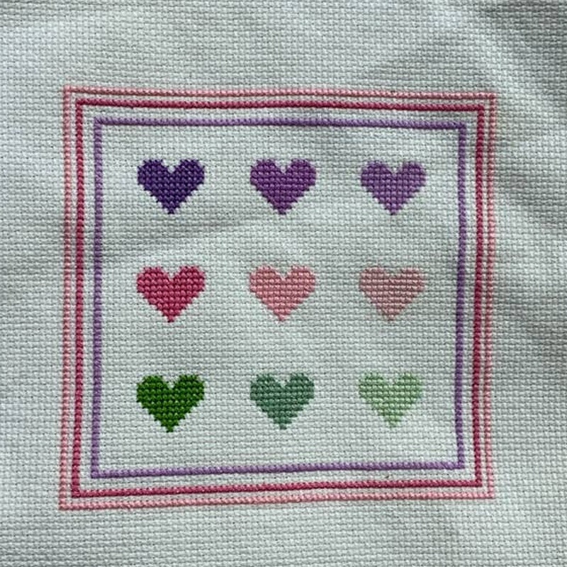 Lot of 2 Handmade Cross Stitch Heart Themed Square Artwork Ready to Frame Art
