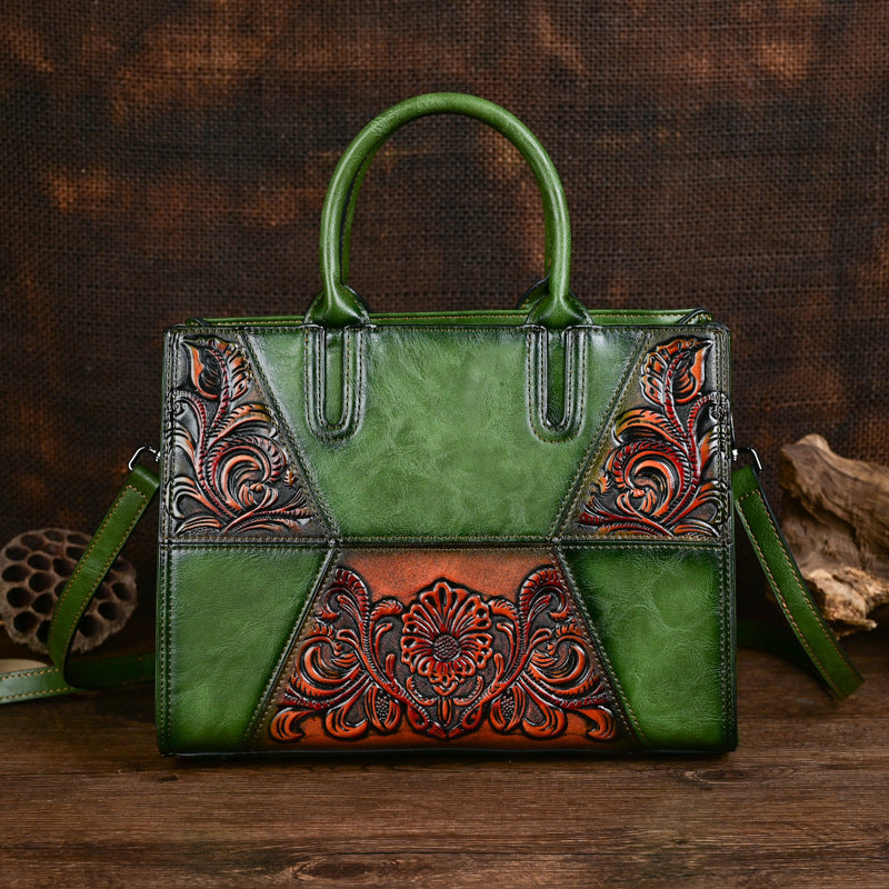 Embossed Patchwork Women's Bag – Large Capacity PU Leather Floral Handbag