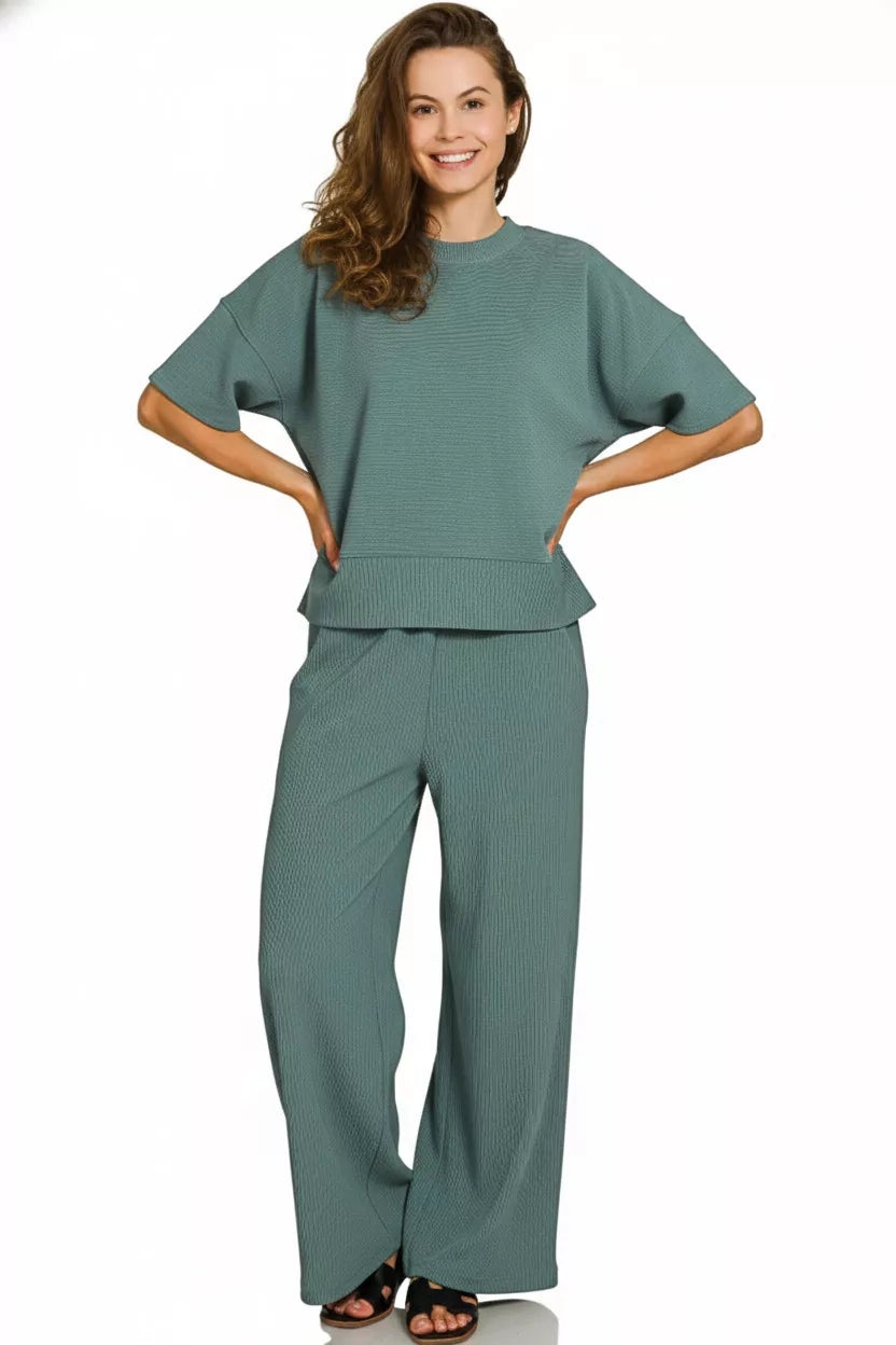 Zenana Ribbed Round Neck Tee & Pants Set