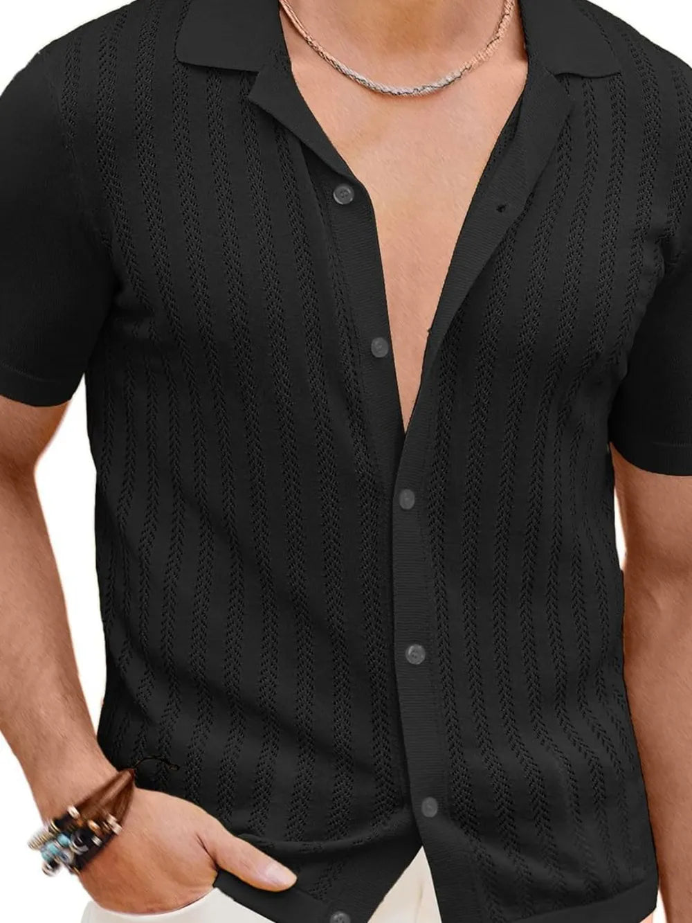 Men's Full Size Openwork Button Down Short Sleeve Shirt Plus Size