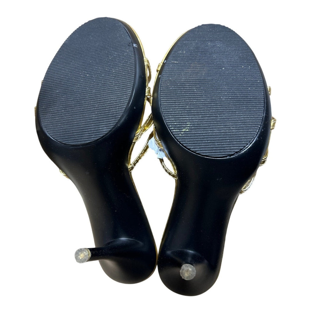 Camssoo Womens Size 8 Gold 4.5" Heels PU Leather Slip On Open Round Toe Shoes