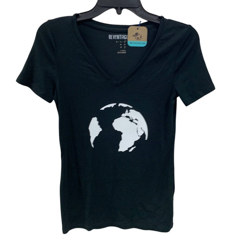 Upcycled Hand Printed Womens XS Black Save the Planet Earth Short Sleeve T Shirt