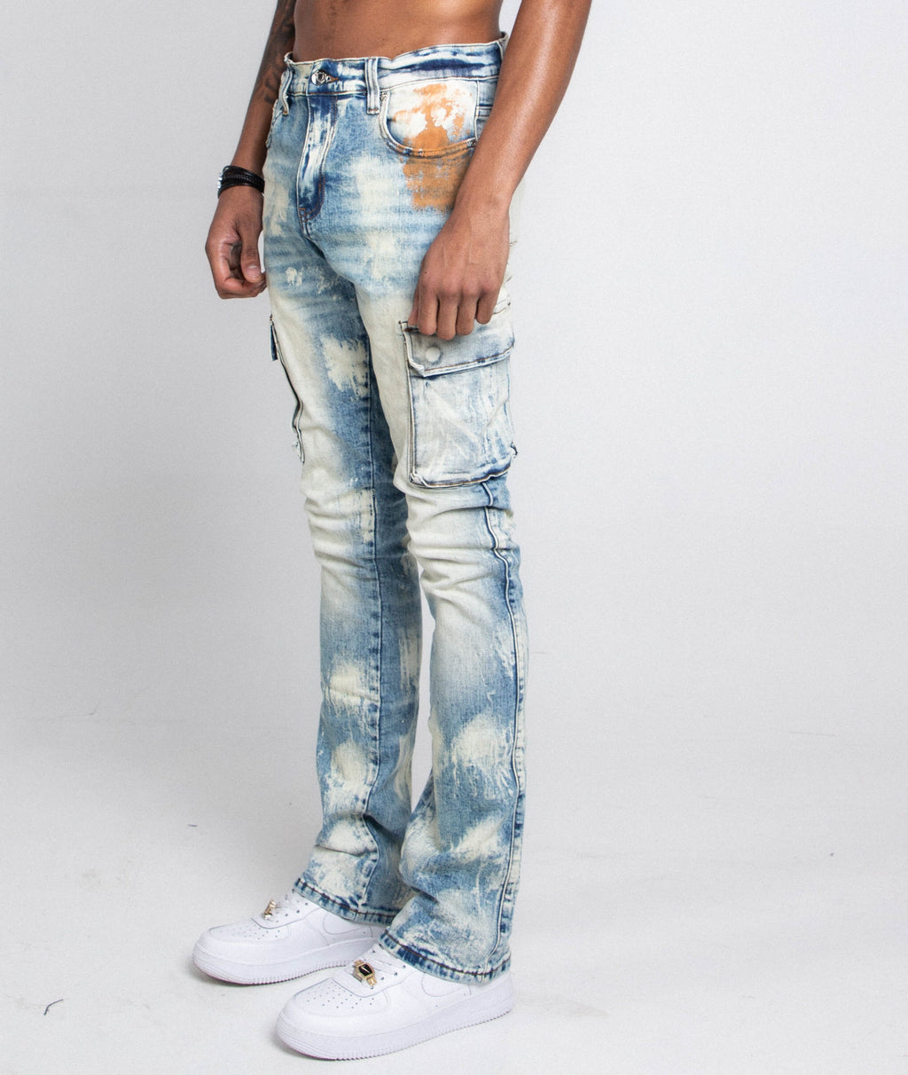 AJ29SK GREY/WHITE WASH STACKED CARGO JEANS