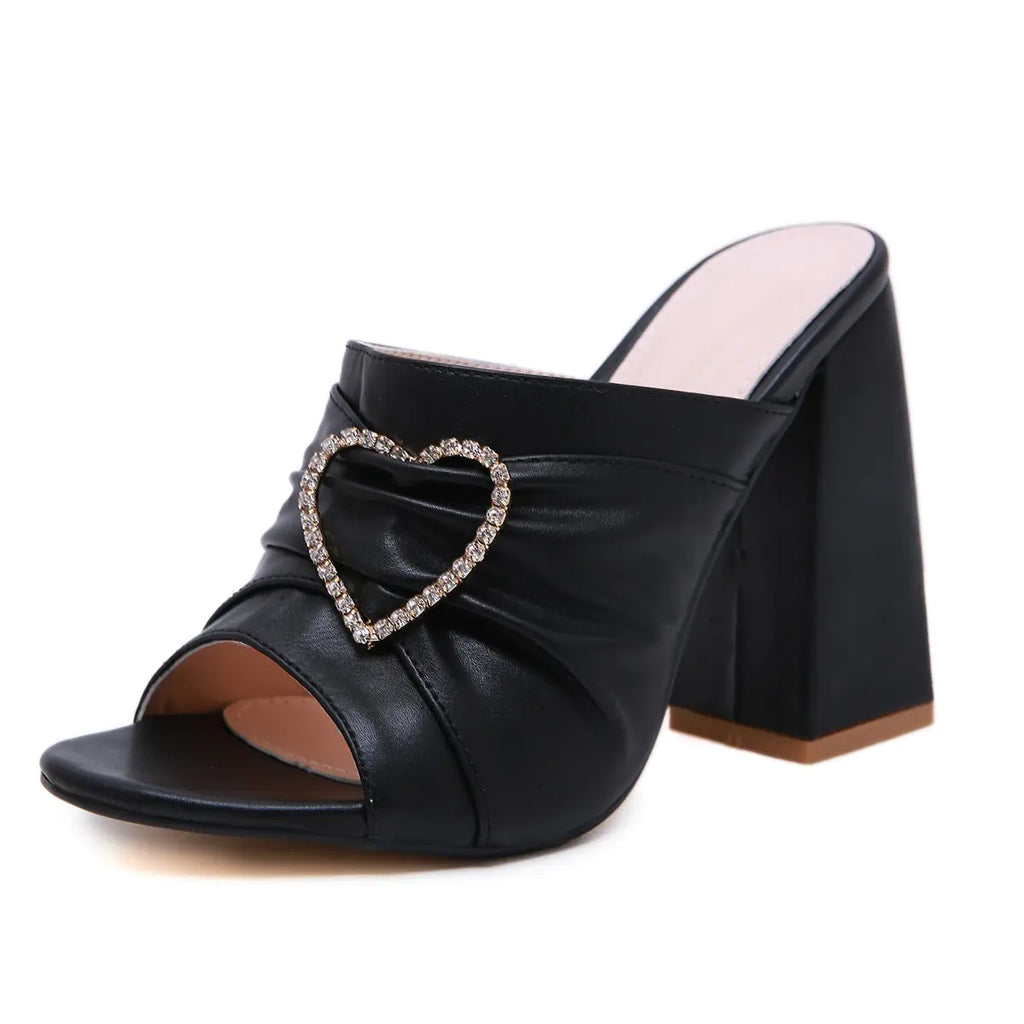 Thick-Heeled Rhinestone Sandals and Slippers
