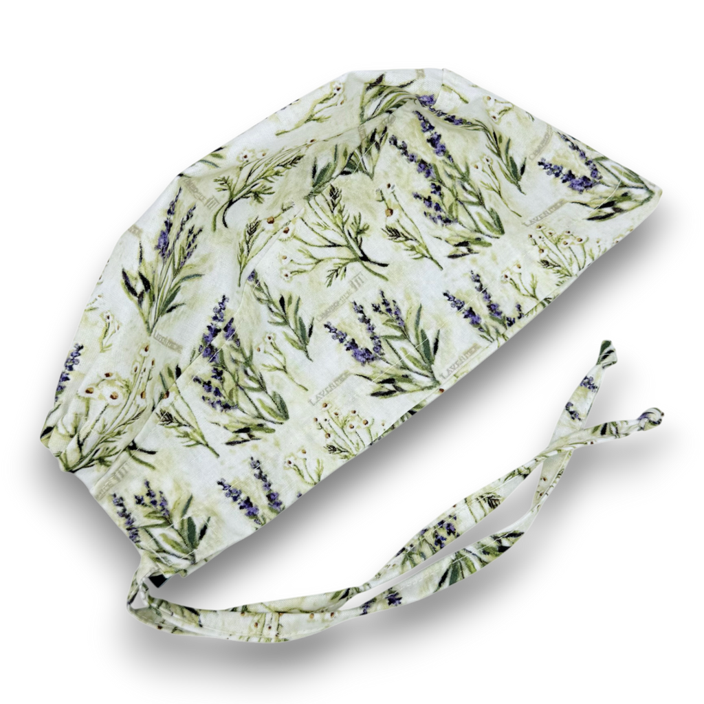 Lavender scrub cap. Skull tie-back style surgical scrub cap by Paradise Caps. Ivory.