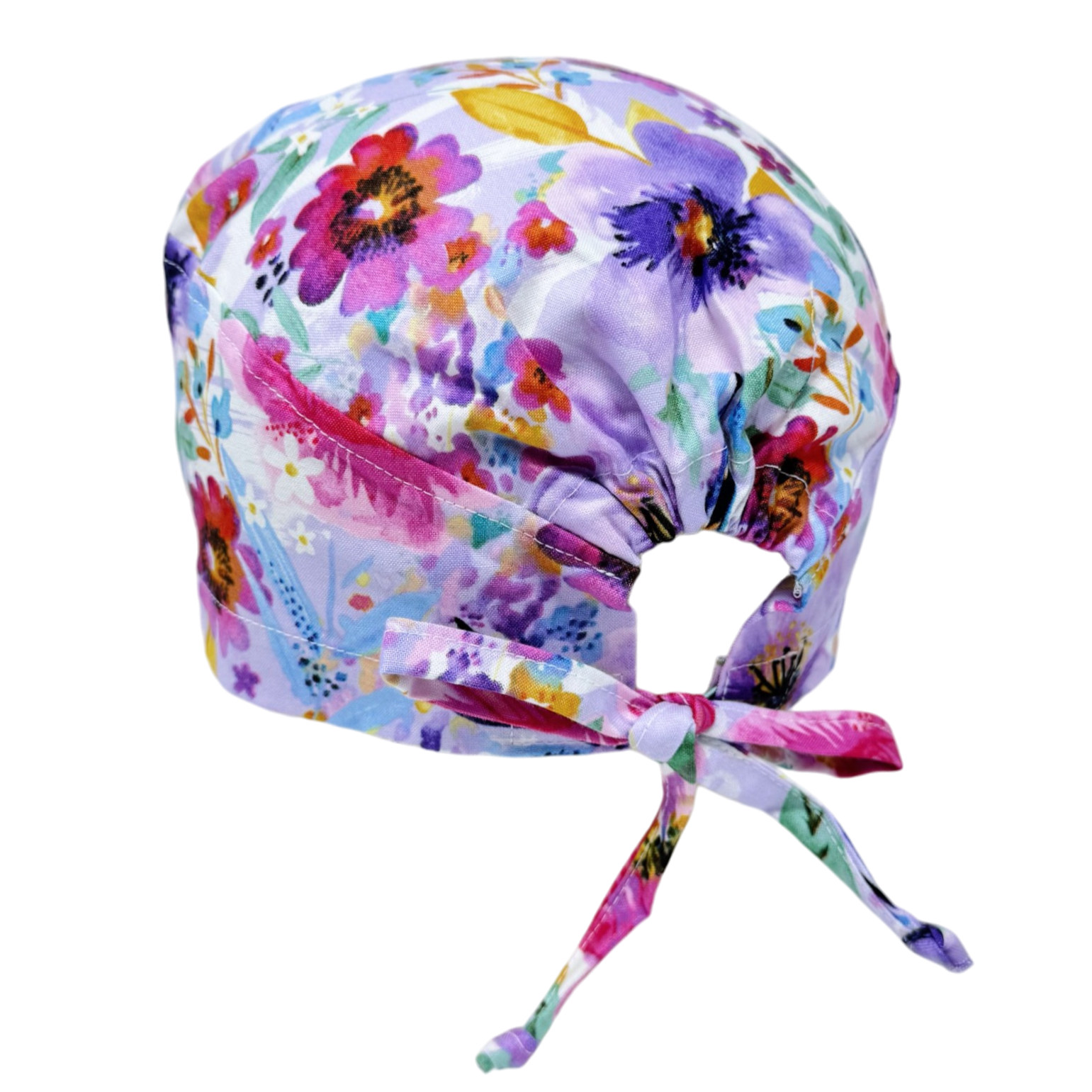 Purple flower Skull tie-back style surgical scrub cap by Paradise Caps.